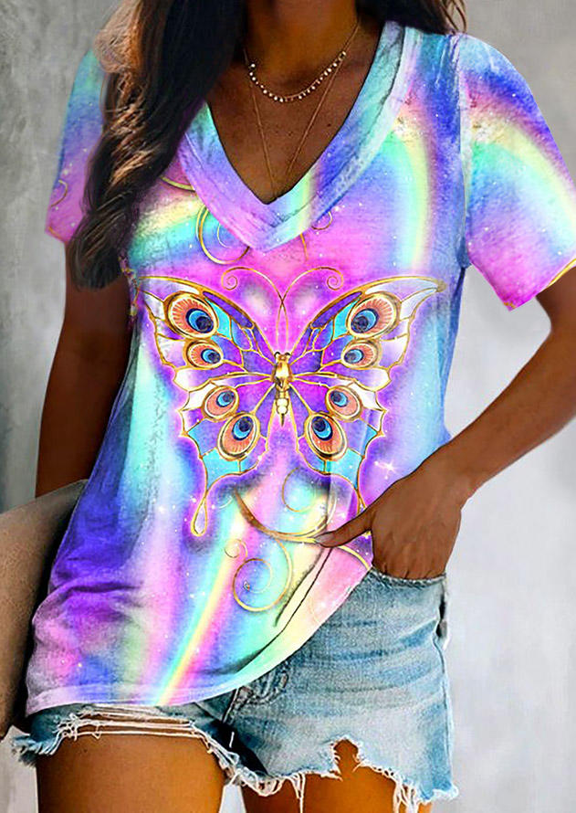 

Blouses Glitter Gradient Butterfly V-Neck Blouse in Multicolor. Size: ,M,L,XL
