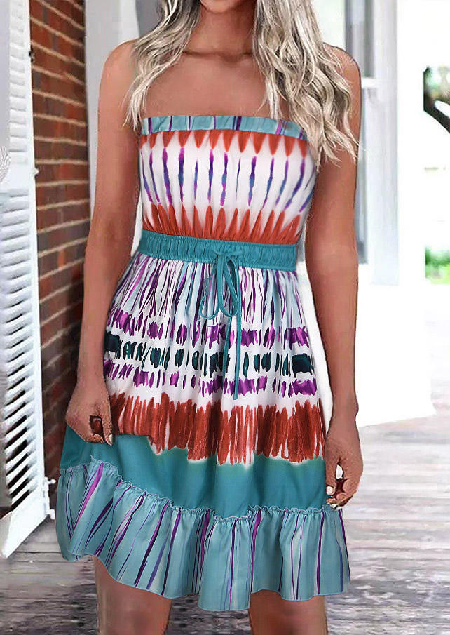 

Mini Dresses Tie Dye Ruffled Strapless Bandeau Mini Dress in Lake Blue. Size