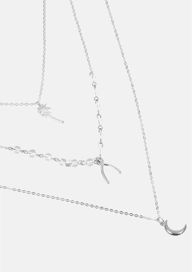 

Necklaces Three-Layered Coconut Tree Moon Beading Necklace in Silver. Size