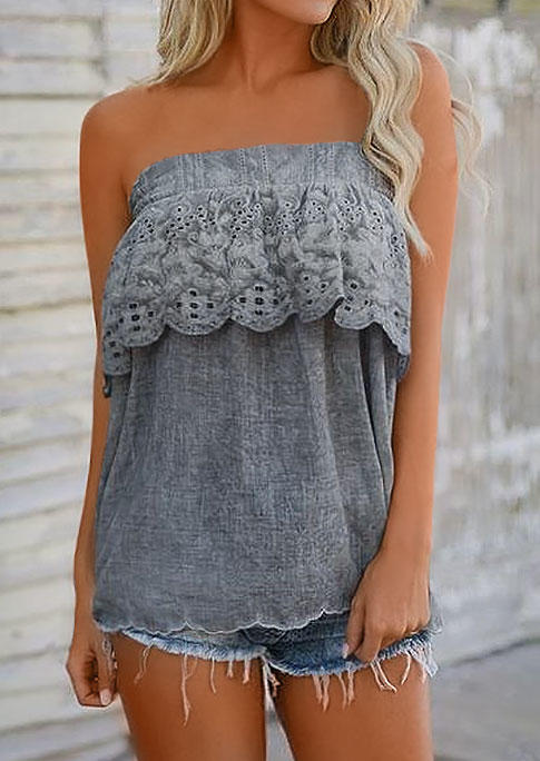 Tank Tops Hollow Out Ruffled Strapless Bandeau Tank Top in Gray. Size: S