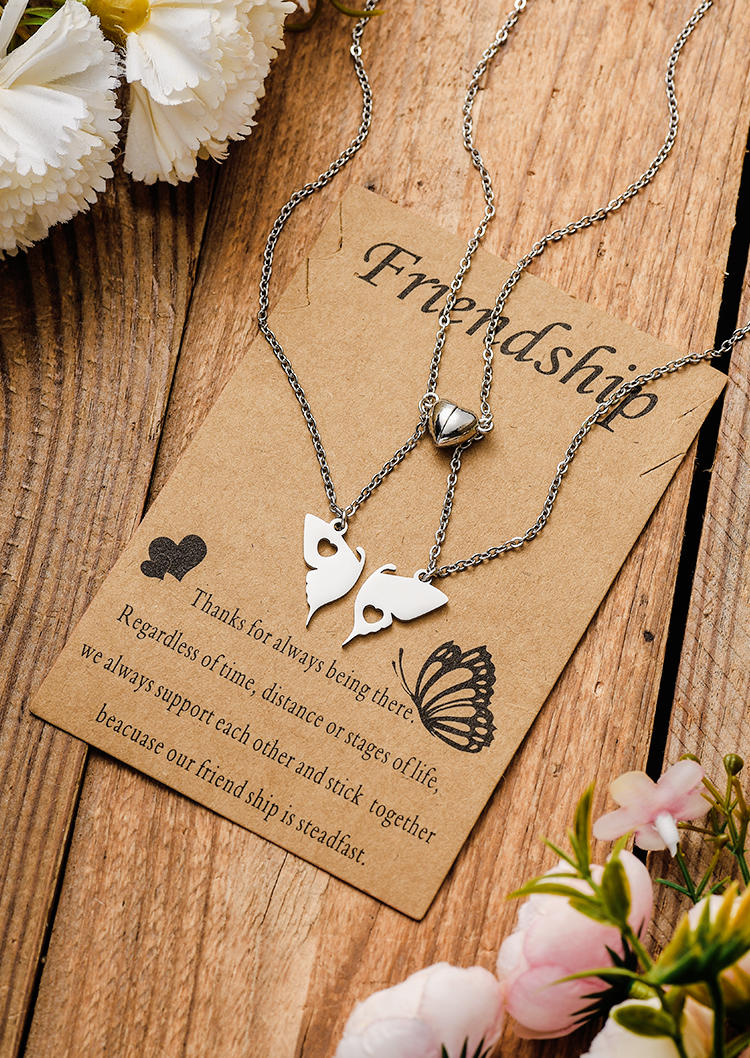 

Necklaces 2Pcs Butterfly Magnet Heart Friendship Necklace in Silver. Size