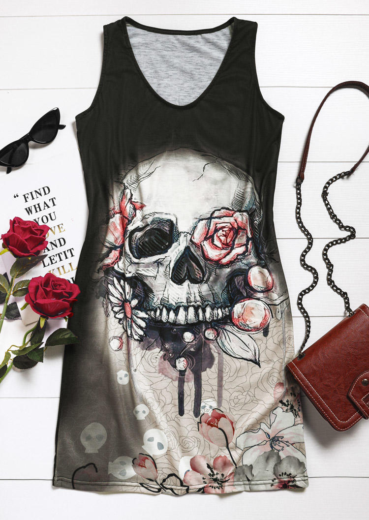 

Mini Dresses Skull Floral Sleeveless Mini Dress in Black. Size: ,L
