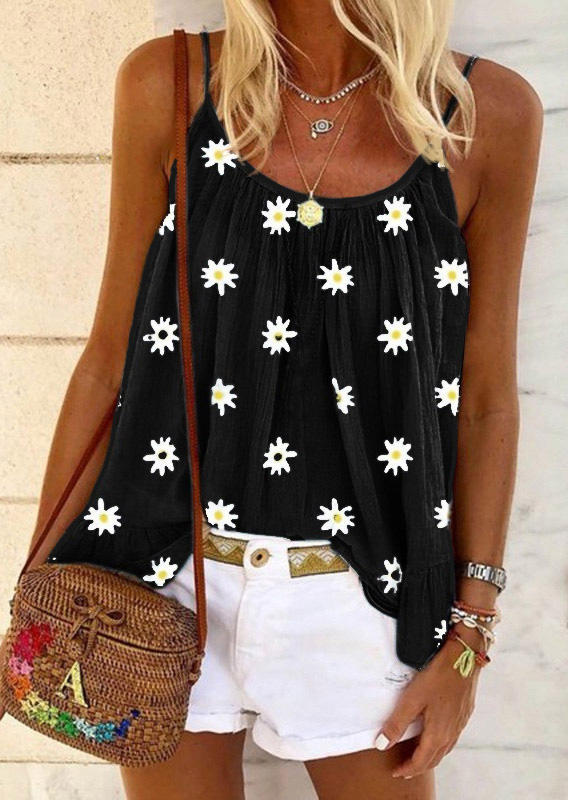 Tank Tops Daisy Ruffled Casual Camisole in Black. Size: S