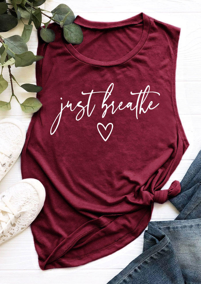 Tank Tops Just Breathe Heart O-Neck Tank Top  - Burgundy in Red. Size: XL