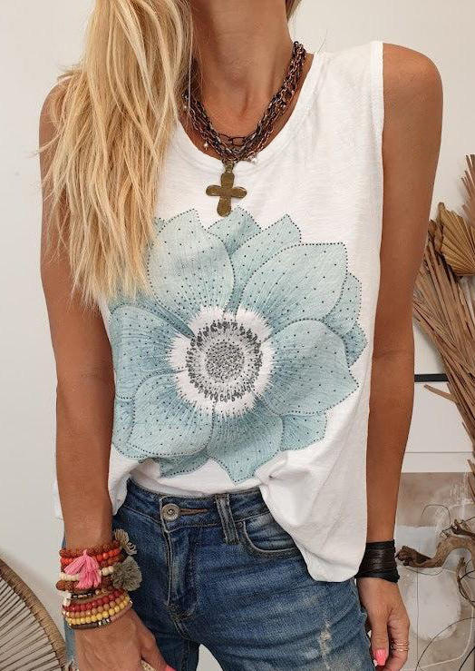 

Tank Tops Lotus O-Neck Casual Tank Top in White. Size