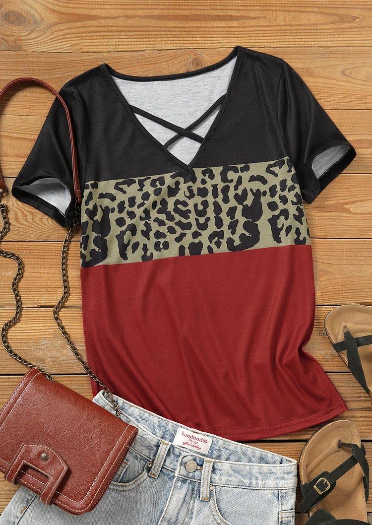 

Blouses Leopard Color Block Criss-Cross Blouse in Multicolor. Size: ,XL