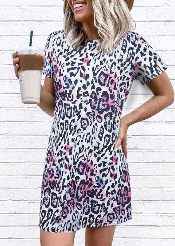 

Mini Dresses Colorful Leopard O-Neck Mini Dress in Multicolor. Size