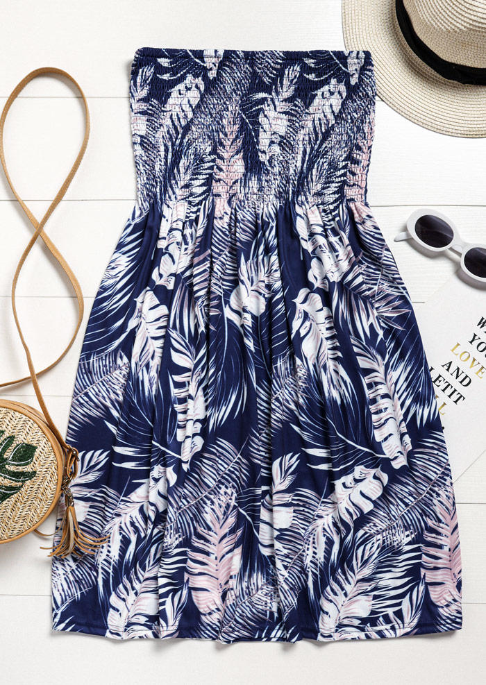 

Mini Dresses Palm Leaf Smocked Strapless Bandeau Mini Dress in Deep Blue. Size