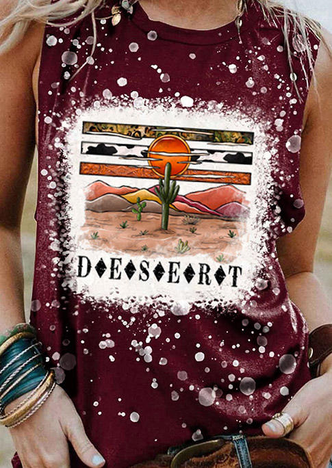 Tank Tops Desert Cactus Sunset Bleached O-Neck Tank Top - Burgundy in Red. Size: L