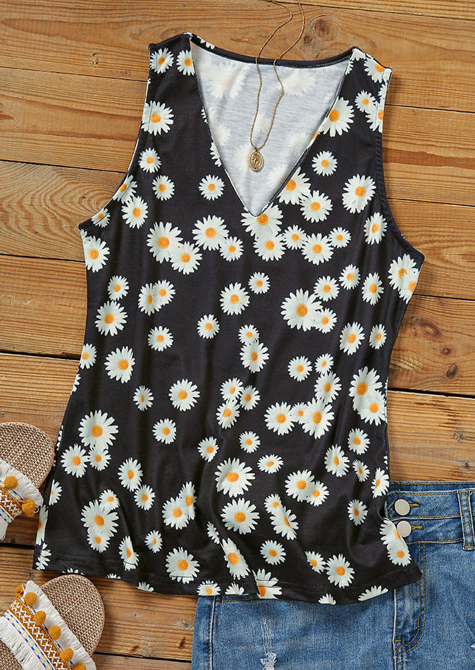 

Tank Tops Daisy V-Neck Casual Tank Top in Black. Size