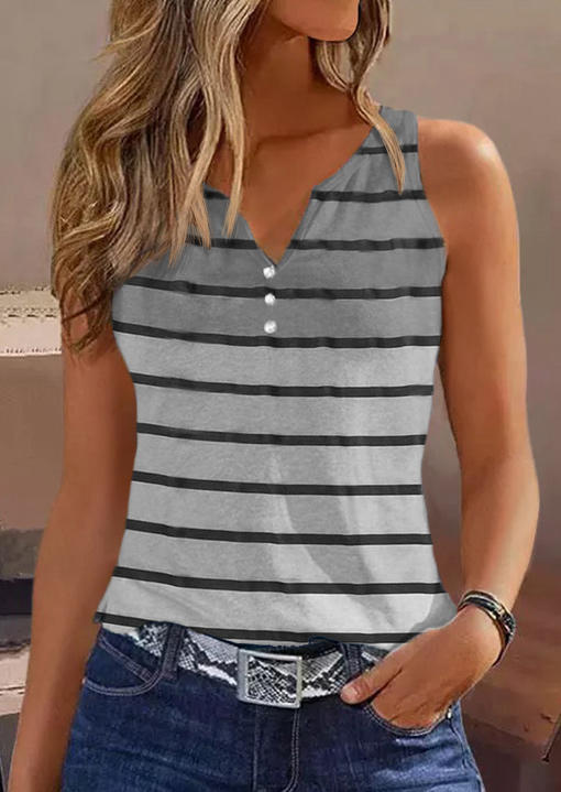 Tank Tops Striped Button Notched Neck Tank Top in Gray. Size: S