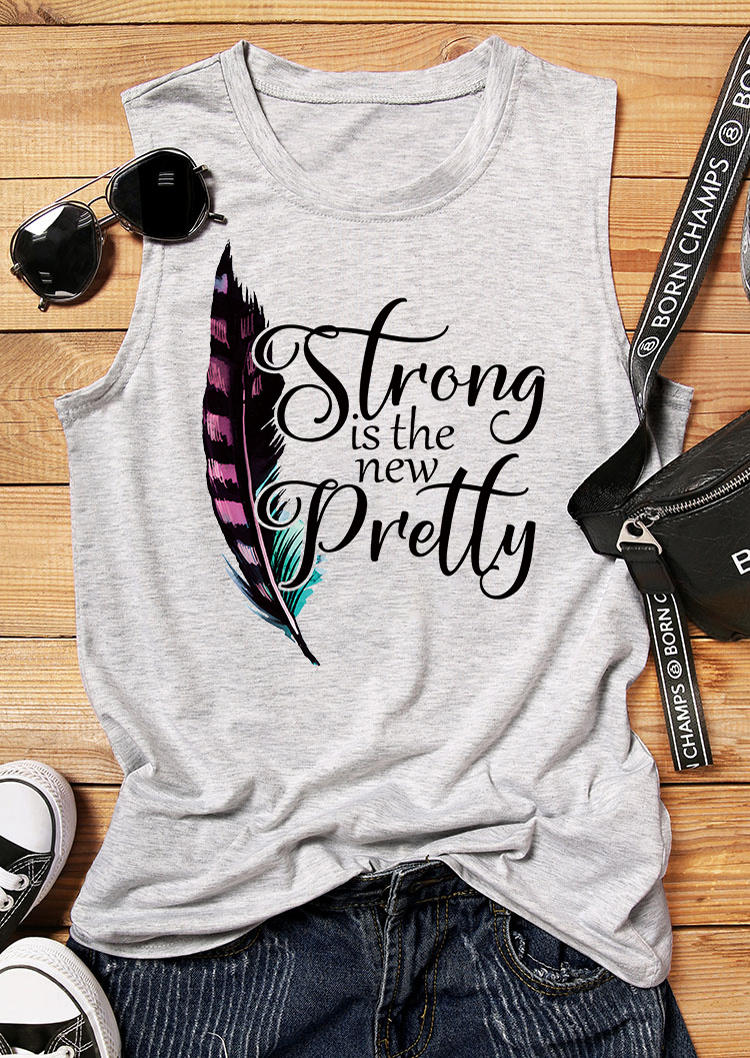 Tank Tops Strong Is The New Pretty Feather O-Neck Tank Top - Light Grey in Gray. Size: L,M