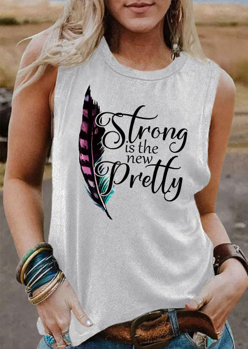 Strong Is The New Pretty Feather O-Neck Tank - Light Grey
