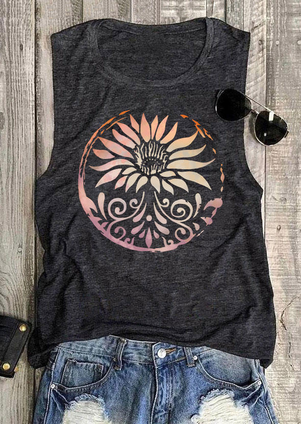 

Tank Tops Lotus O-Neck Casual Tank Top in Dark Grey. Size: ,XL