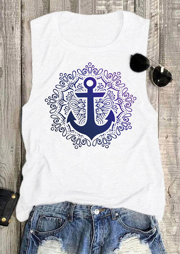 

Tank Tops Anchor Floral O-Neck Casual Tank Top in White. Size