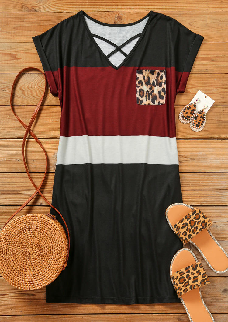 

Mini Dresses Color Block Leopard Pocket Criss-Cross Mini Dress in Multicolor. Size