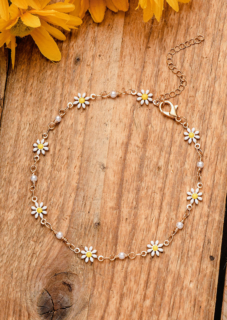 Body Jewelry Daisy Pearl Hollow Out Alloy Anklet in Gold. Size: One Size