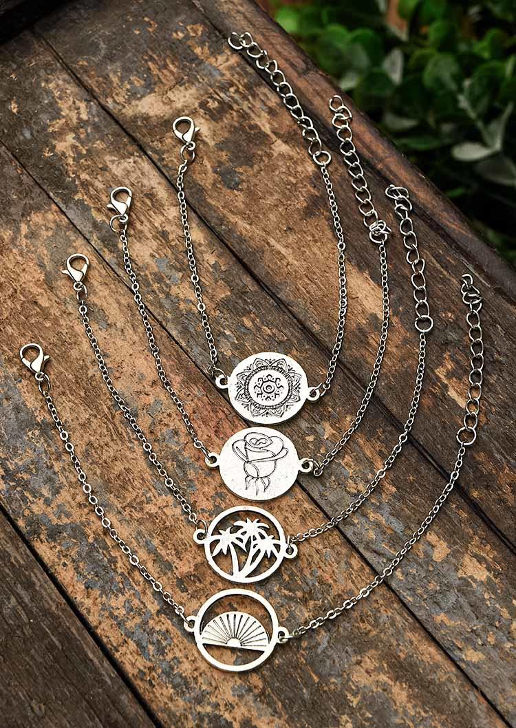 

Bracelet 4Pcs Coconut Tree Rose Hollow Out Bracelet Set in Silver. Size