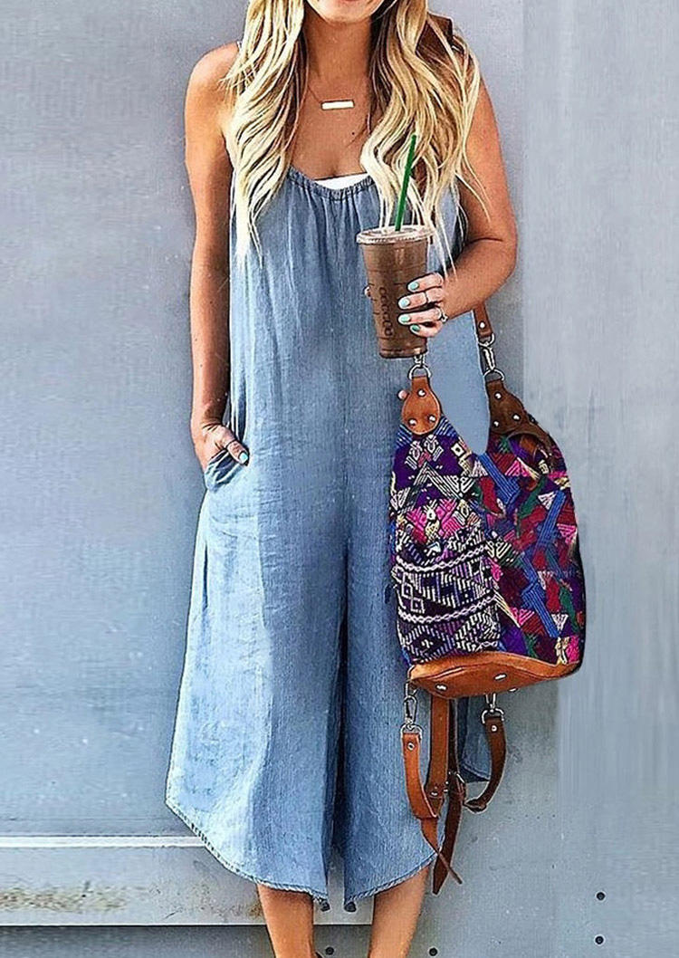 

Jumpsuits & Rompers Pocket Ruffled Sleeveless Jumpsuit without Camisole in Blue. Size