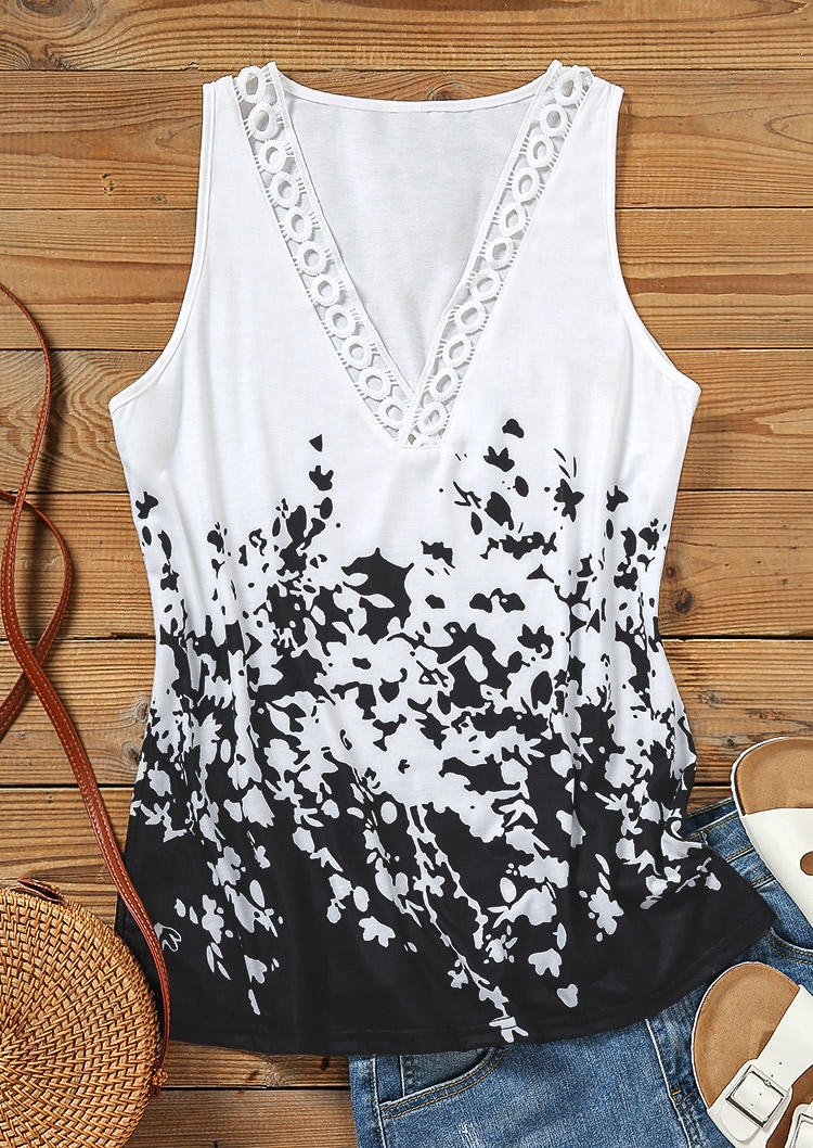 Tank Tops Lace Splicing Hollow Out V-Neck Tank Top in White. Size: L,M,S