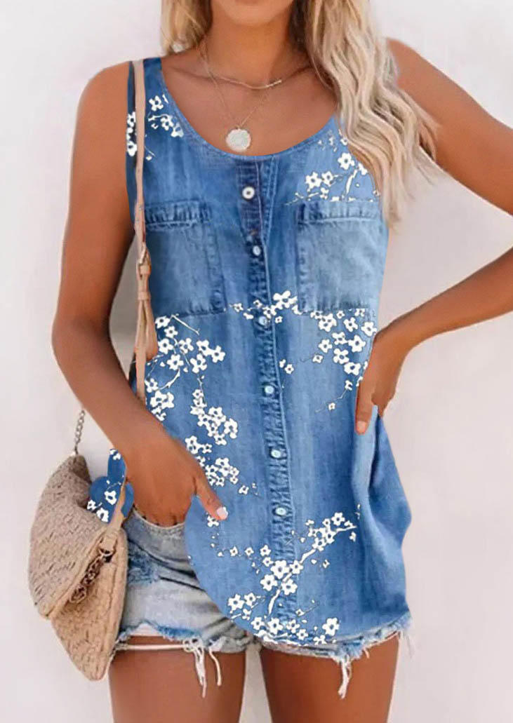 

Tank Tops Floral O-Neck Tank Top with Fake Pockets And Button in Blue. Size