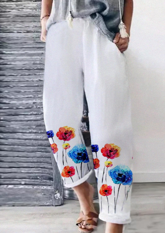 Pants Colorful Floral Pocket Elastic Waist Pants in White. Size: M,S