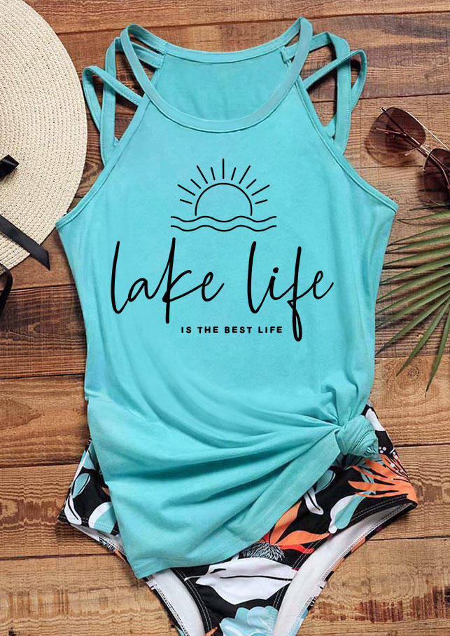 Tank Tops Lake Life Is The Best Life Sun Criss-Cross Tank Top - Cyan in Blue. Size: L,M,S