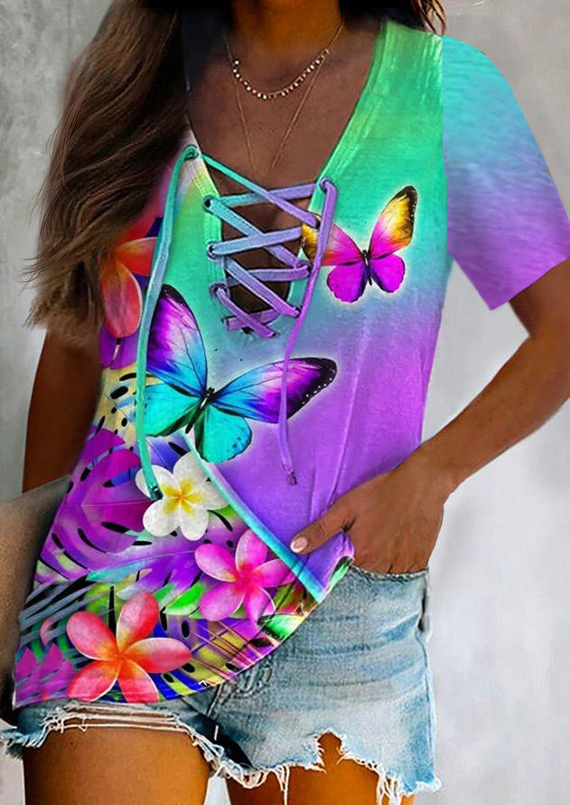 Blouses Palm Leaf Floral Butterfly Gradient Lace Up Blouse in Multicolor. Size: S