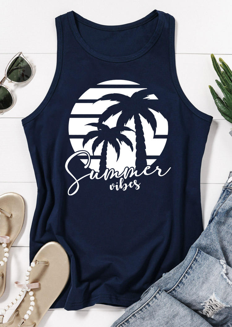 

Tank Tops Summer Vibes Coconut Tree O-Neck Tank Top - Navy Blue in Blue. Size