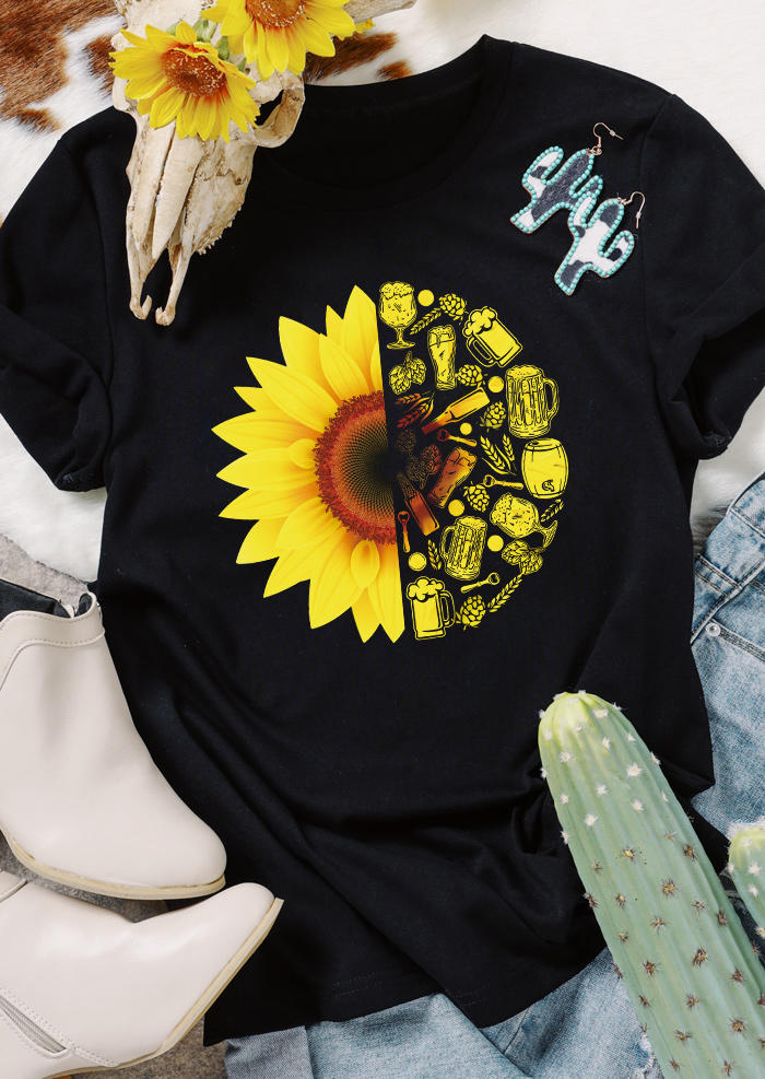 Sunflower Drink O-Neck T-Shirt Tee - Black