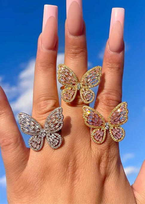 

Rings Rhinestone Butterfly Open Alloy Ring in Silver. Size