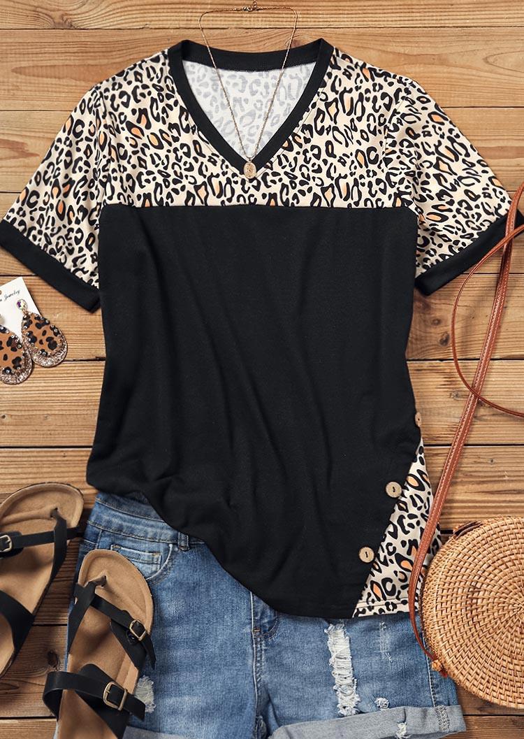 Blouses Leopard Button Short Sleeve Blouse in Multicolor. Size: L,S