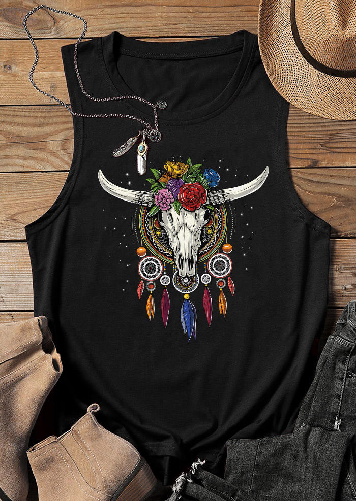 Tank Tops Steer Skull Dreamcatcher Feather Floral Tank Top in Black. Size: L