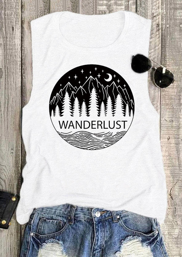 

Tank Tops Wanderlust Tree Mountain Moon O-Neck Tank Top in White. Size