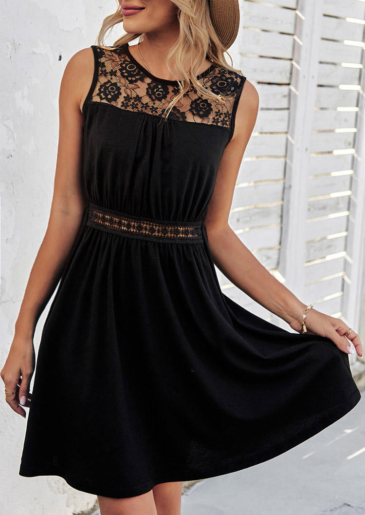 

Mini Dresses Lace Splicing Sleeveless O-Neck Mini Dress in Black. Size: ,M,L,XL