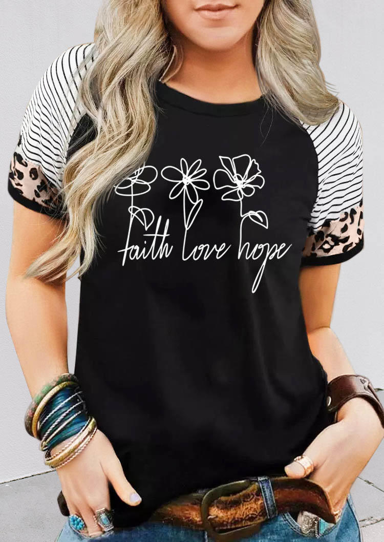 

T-shirts Tees Faith Love Hope Striped Leopard Floral T-Shirt Tee in Black. Size