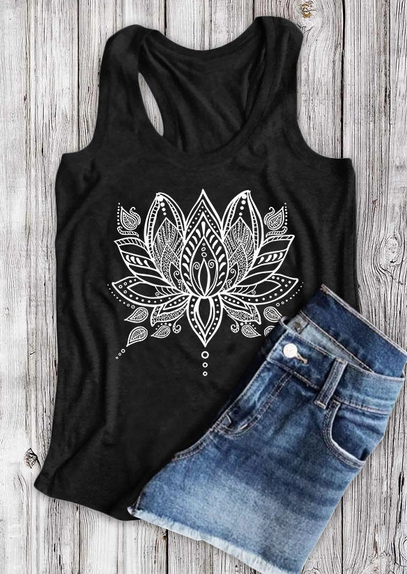 

Tank Tops Lotus Floral O-Neck Tank Top in Black. Size