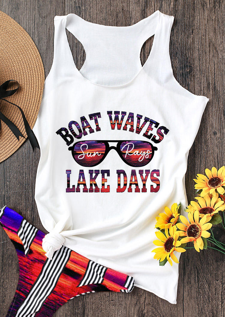 Tank Tops Boat Waves Sun Rays Lake Days Racerback Tank Top in White. Size: L,S