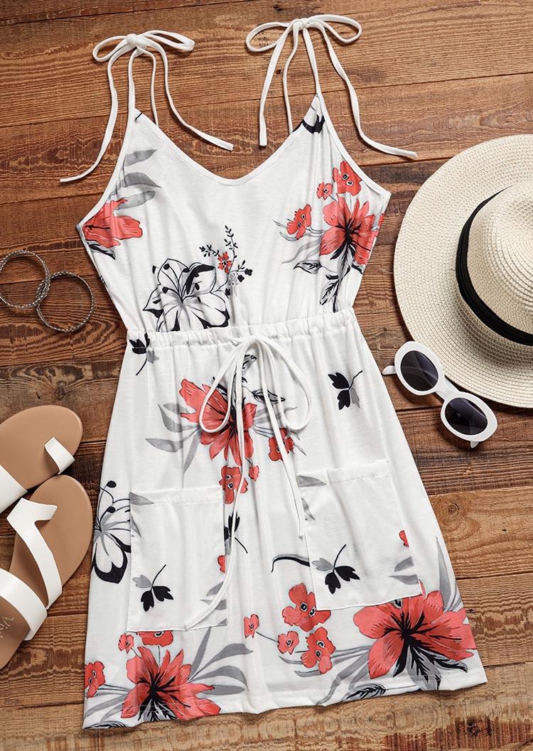 

Mini Dresses Floral Pocket Drawstring Spaghetti Strap Mini Dress in White. Size