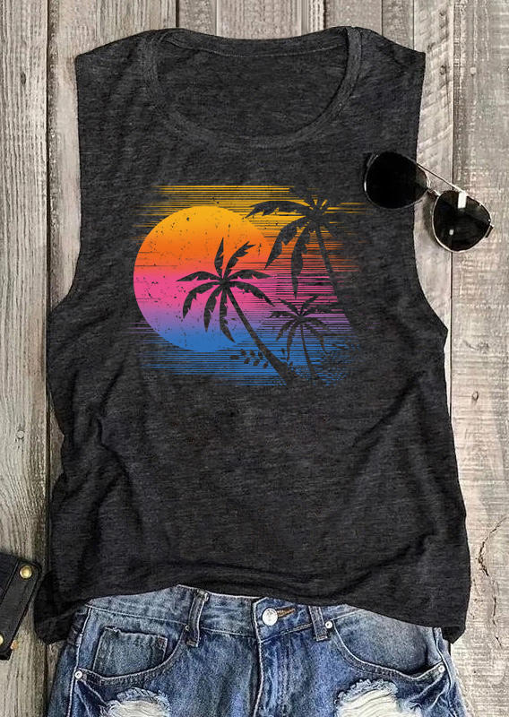 

Tank Tops Gradient Sunset Coconut Tree Tank Top in Dark Grey. Size