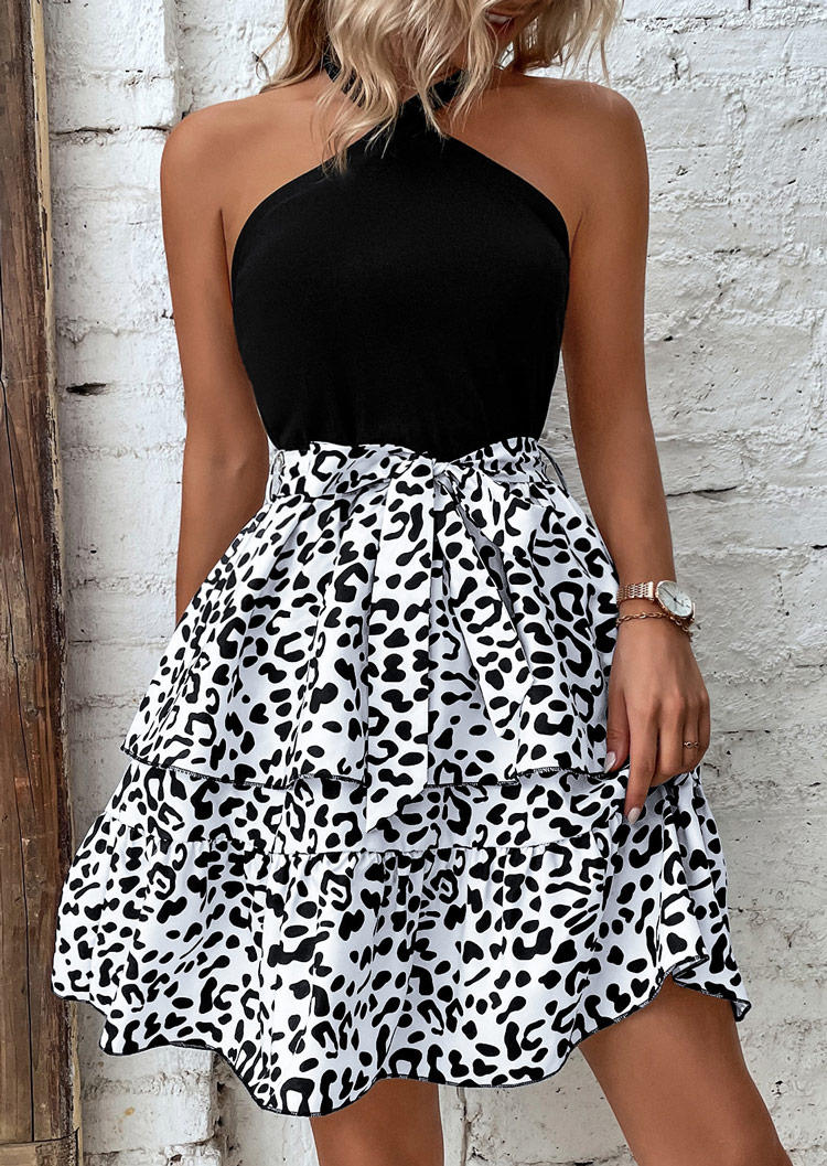 Mini Dresses Leopard Ruffled Halter Open Back Layered Mini Dress in Multicolor. Size: S