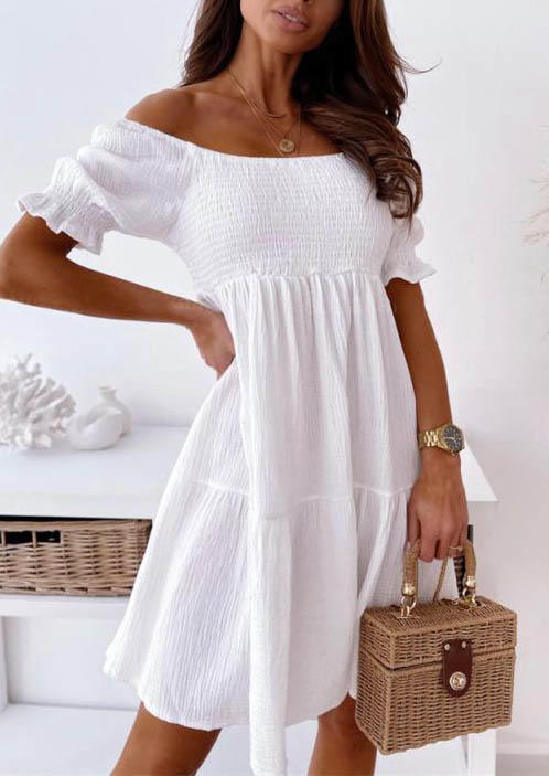 

Mini Dresses Ruffled Smocked Off Shoulder Mini Dress in White. Size