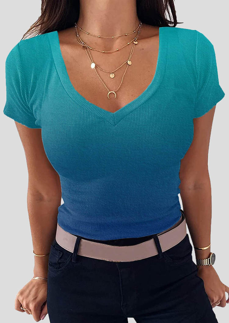 

Blouses Gradient Short Sleeve Casual Blouse in Cyan. Size: ,M,L,XL