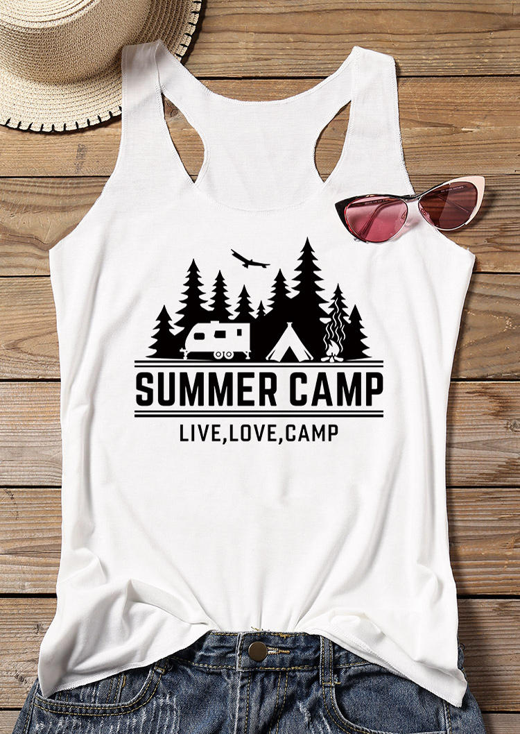 Tank Tops Summer Camp Live Love Car Racerback Tank Top in White. Size: M,S,XL
