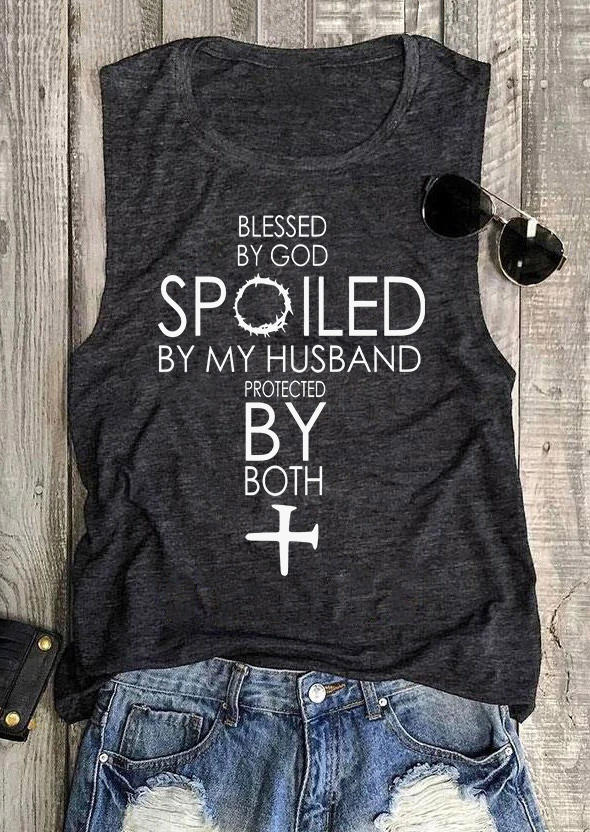 Tank Tops Blessed By God Spoiled By My Husband Protected By Both Tank Top - Dark Grey in Gray. Size: S