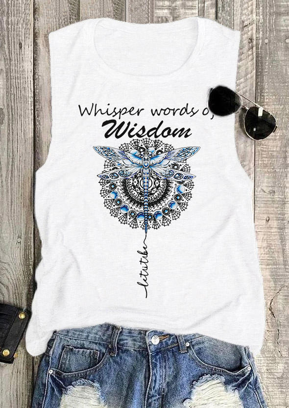 Tank Tops Whisper Words Of Wisdom Dragonfly Tank Top in White. Size: L,XL
