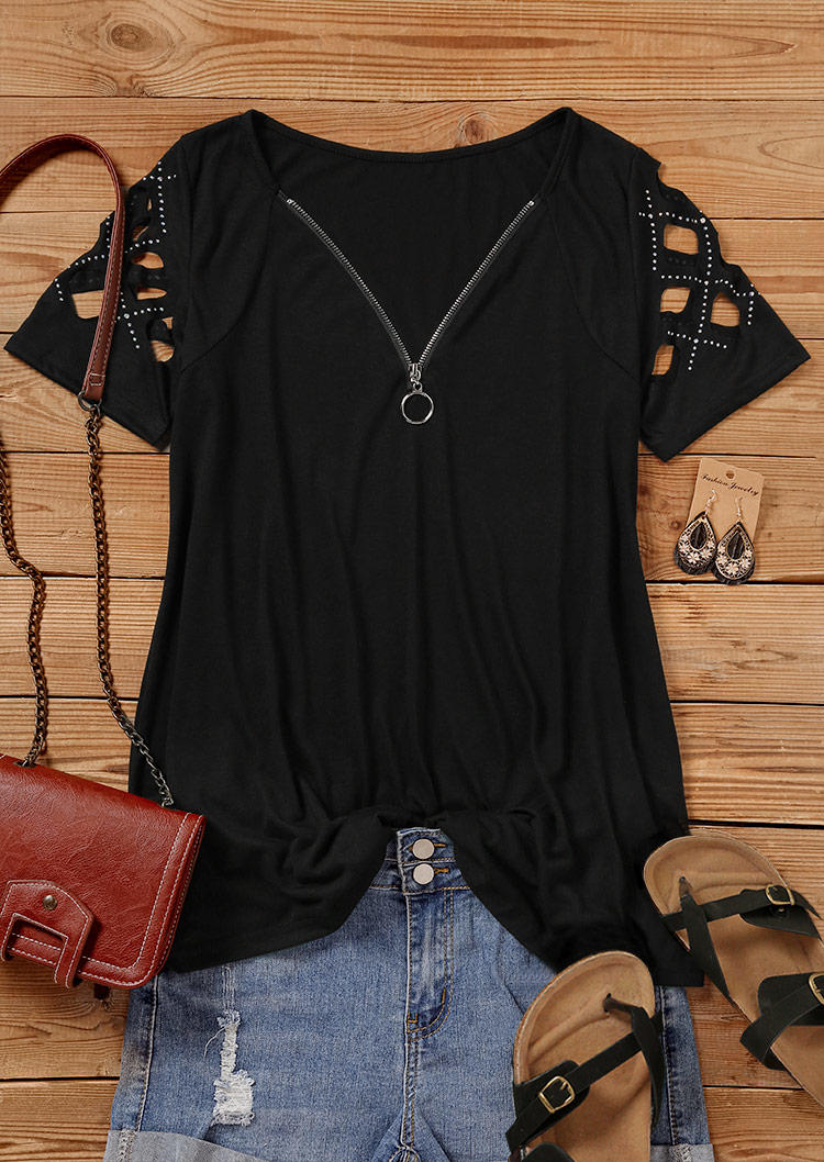 Blouses Rhinestone Hollow Out Zipper Blouse in Black. Size: L,S