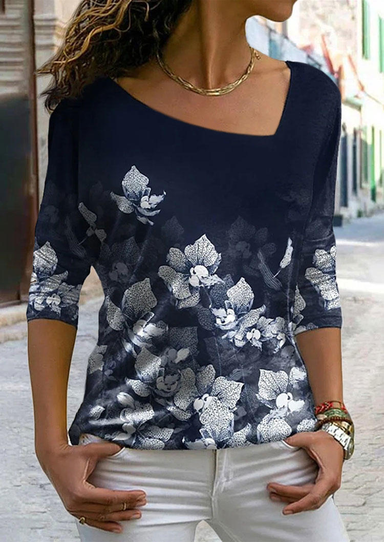 

Blouses Floral Long Sleeve Casual Blouse - Navy Blue in Blue. Size: L,M