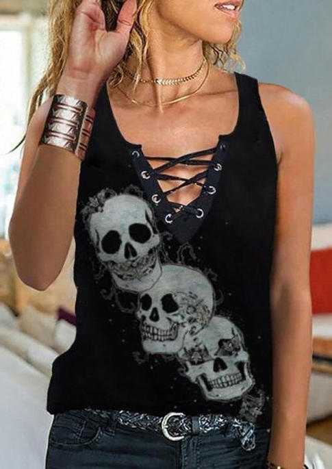 

Tank Tops Lace Up Skull Casual Tank Top in Black. Size