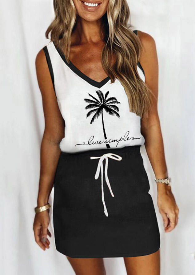 Live Simple Coconut Tree Tie V-Neck Mini Dress - Black